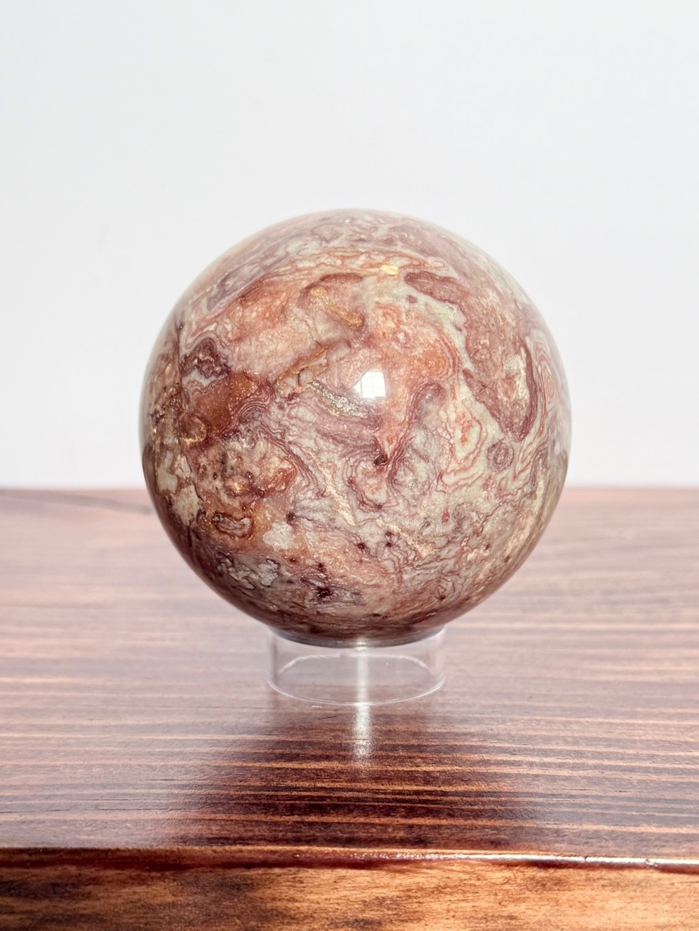Beautiful Crazy Lace Agate Sphere – Cream, Soft Red & Blush Banding –19oz (538g)